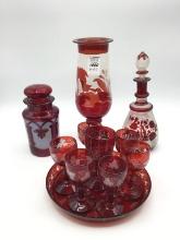 Lot of 11 Red Cut to Clear Crystal Pieces