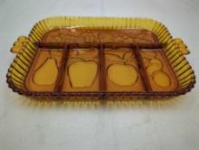 AMBER COLOR GLASS SNACK SERVING TRAY. 12"X 8"