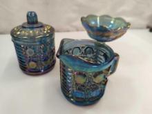 INDIANA BLUE CARNIVAL GLASS CANDLE HOLDER CREAMER COVERED DISH LOT