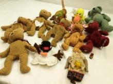 ELEVEN STUFFED ANIMALS. SOME BEANIE BABIES, M&M JANUARY BEAR, MEANIES SNOWMAN, AND OTHERS.