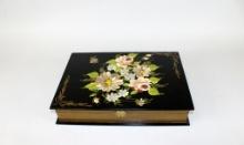 Hand Painted and Ebonized Book Shaped Box with Floral Motif