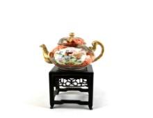 Oriental Porcelain Hand Painted Teapot on Carved Wooden Stand