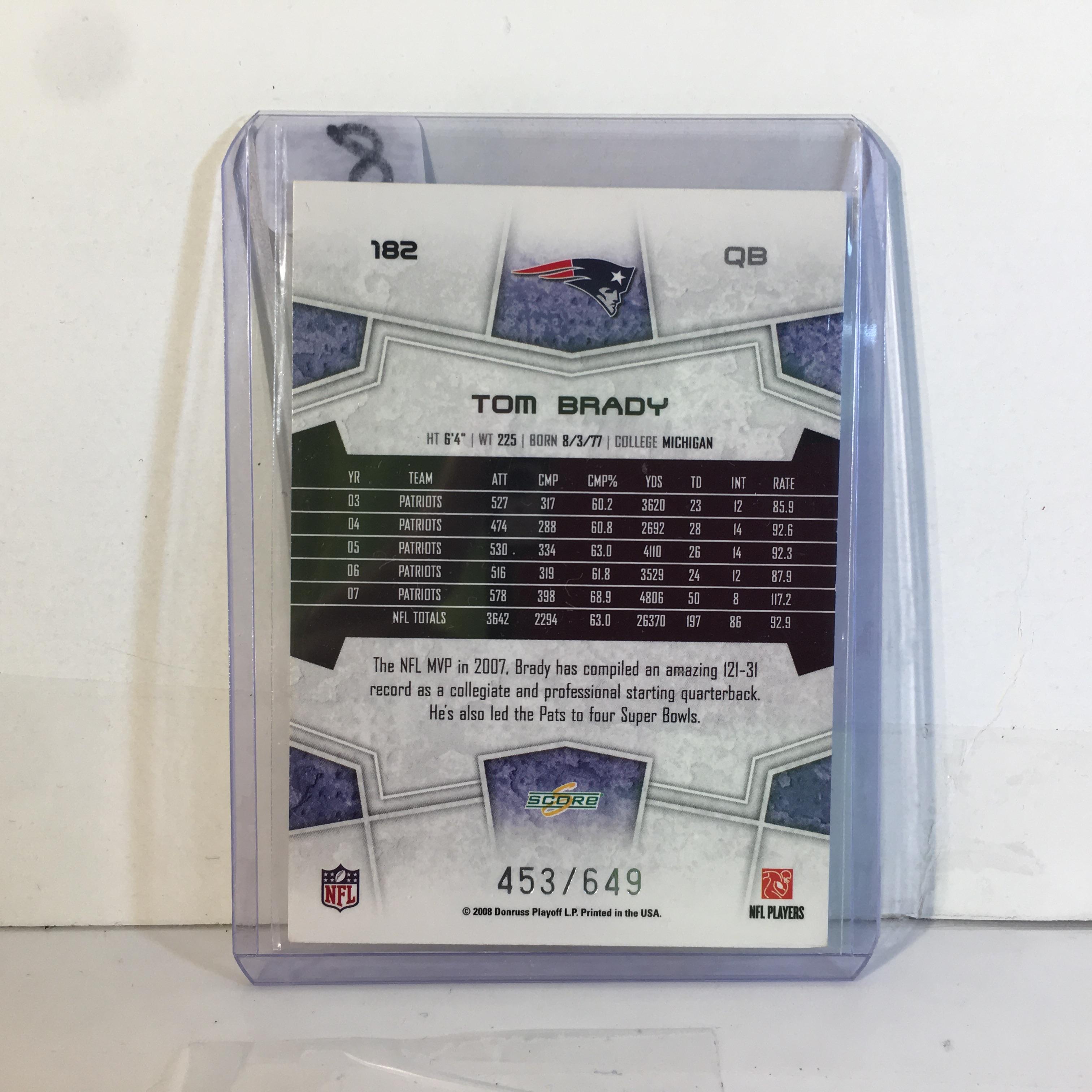 Collector 2008 Donruss NFL Football Sport Card TOM BRADY #182 Sport Card 453/649