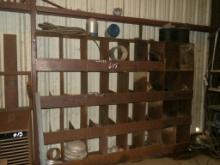 SEVERAL PARTS BINS AND RACKS W/CONTENTS, INCUDING PIPE FITTINGS, SHOP TABLE