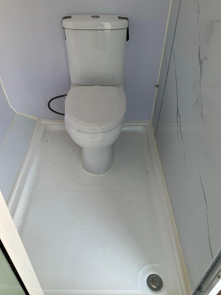 UNUSED 13FT HOUSE WITH SHOWER ROOM, TOILET, WINDOW, PLUMBING AND ELECTRIC HOOK UP, 110V, LIGHTING,