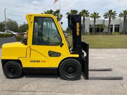 HYSTER FORKLIFT MODEL H110XM, LP POWERED, ENCLOSED CAB, APPROX MAX CAPACITY 11,000LBS, APPROX MAX