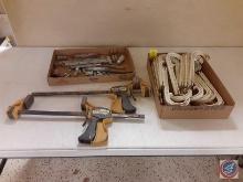 Flat of J Hook Pipe Hangers, (2) Quick-Grip Bar Clamps, misc. fittings and box cutters