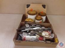 Set of (3) Sears vintage mushroom themed ceramic jars with (1) napkin holder, wood cutting board and