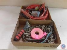 Lot of tie down cables, misc. size jumper cables, antifreeze tester....