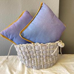 Decorative Fabric Woven Basket w/Denim Style Throw Pillows