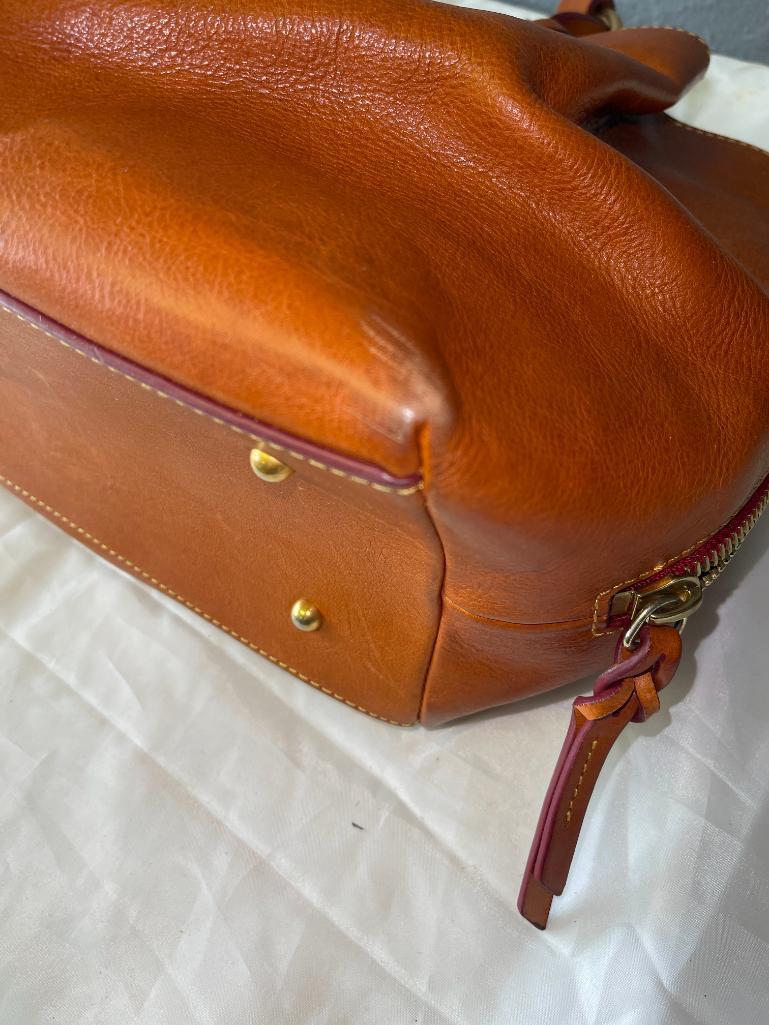 Ladies Cognac Leather Dooney & Bourke Handbag w/Braided Leather Handles and Tweed Liner