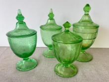 Group of 4 Vintage Lidded Green Glass Dishes