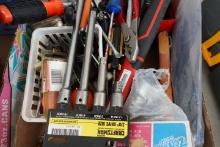 BOX LOT OF HAND TOOLS INCLUDING HAMMERS WRENCHES SOCKET EXTENSIONS DRILL BI