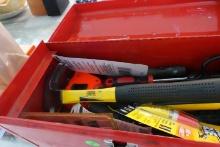 METAL TOOL BOX WITH TOOLS INCLUDING PLIERS WRENCHES HAMMERS AND MORE