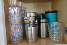 CABINET LOT INCLUDING STAINLESS STEEL TUMBLERS CUPS ETC