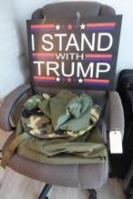 LARGE OFFICE CHAIR WITH MILITARY BAGS AND CAMMO BAGS AND TRUMP SIGN