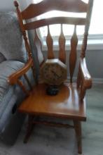 HARDWOOD ROCKING CHAIR WITH CONTENTS OF WALL CLOCK ETC
