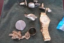 LOT OF UNMARKED JEWELRY OR COSTUME CUFFLINKS TIE CLIPS RING AND WATCH