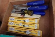BOX OF WOOD CHISELS AND GILD CRAFT MORTISING CHISEL AND BIT SETS