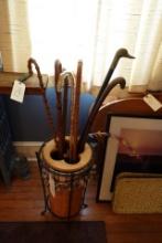 LONGABERGER WROUGHT IRON AND BASKET UMBRELLA STAND WITH COLLECTION OF CANES