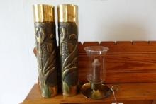 PAIR OF BRASS CANNON SHELLS TRENCH ART AND BRASS CANDLE HOLDER