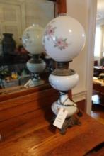 CONVERTED OIL LAMP WITH BRASS BASE AND HAND PAINTED GLASS GLOBES APPROX 27