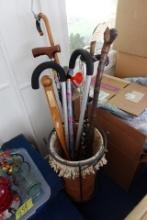 LONGABERGER UMBRELLA STAND AND WROUGHT IRON RACK WITH COLLECTION OF CANES I