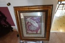 FRAMED UNDER GLASS TROPICAL PRINT GOLD FRAME APPROX 32 INCH X 29