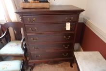 CIRCA 1950S MAHOGANY 5 DRAWER DRESSER WITH SHELL CARVING