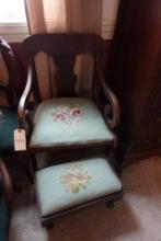 MAHOGANY ARM CHAIR WITH NEEDLE POINT SEAT AND MATCHING STOOL