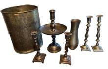 (3) Brass Candlestick Holders, Brass Vase, and