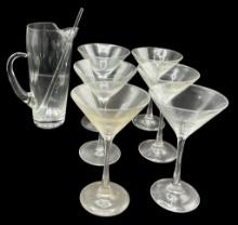 Vintage Glass Martini Pitcher & (6) Martini
