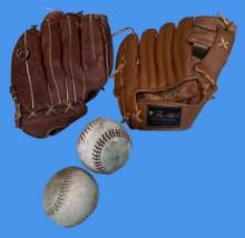 (2) Vintage Baseballs and (2) Baseball Gloves