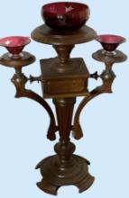 Renaissance Revival Triple Pedestal and Cranberry Cut to Clear Glass Centerpiece Bowl