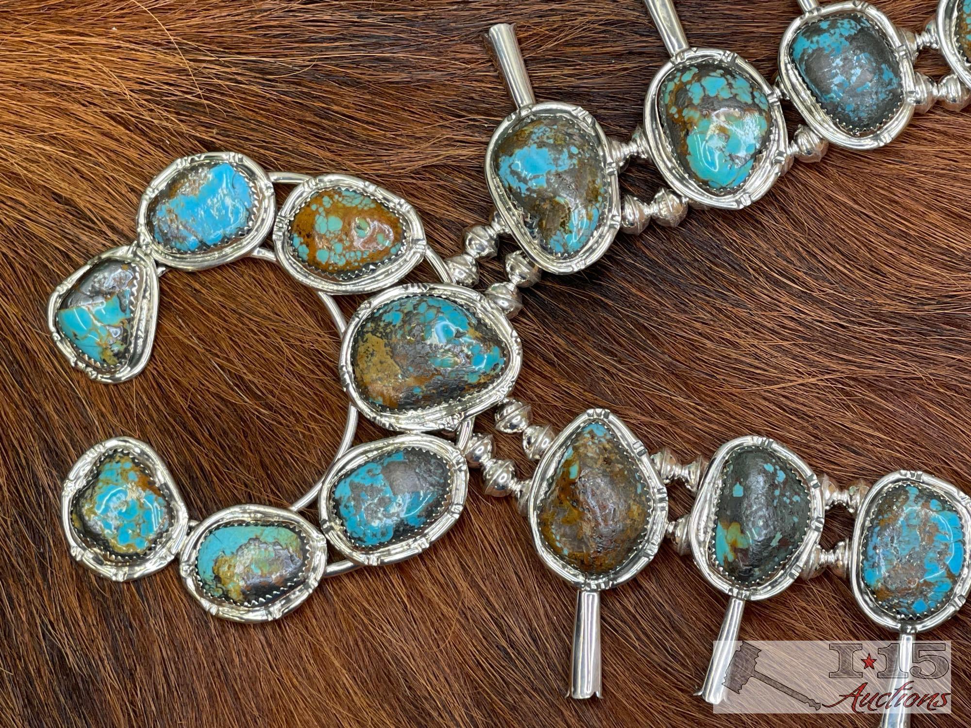 Native American Sterling Silver Turquoise Squash Blossom Set,126g