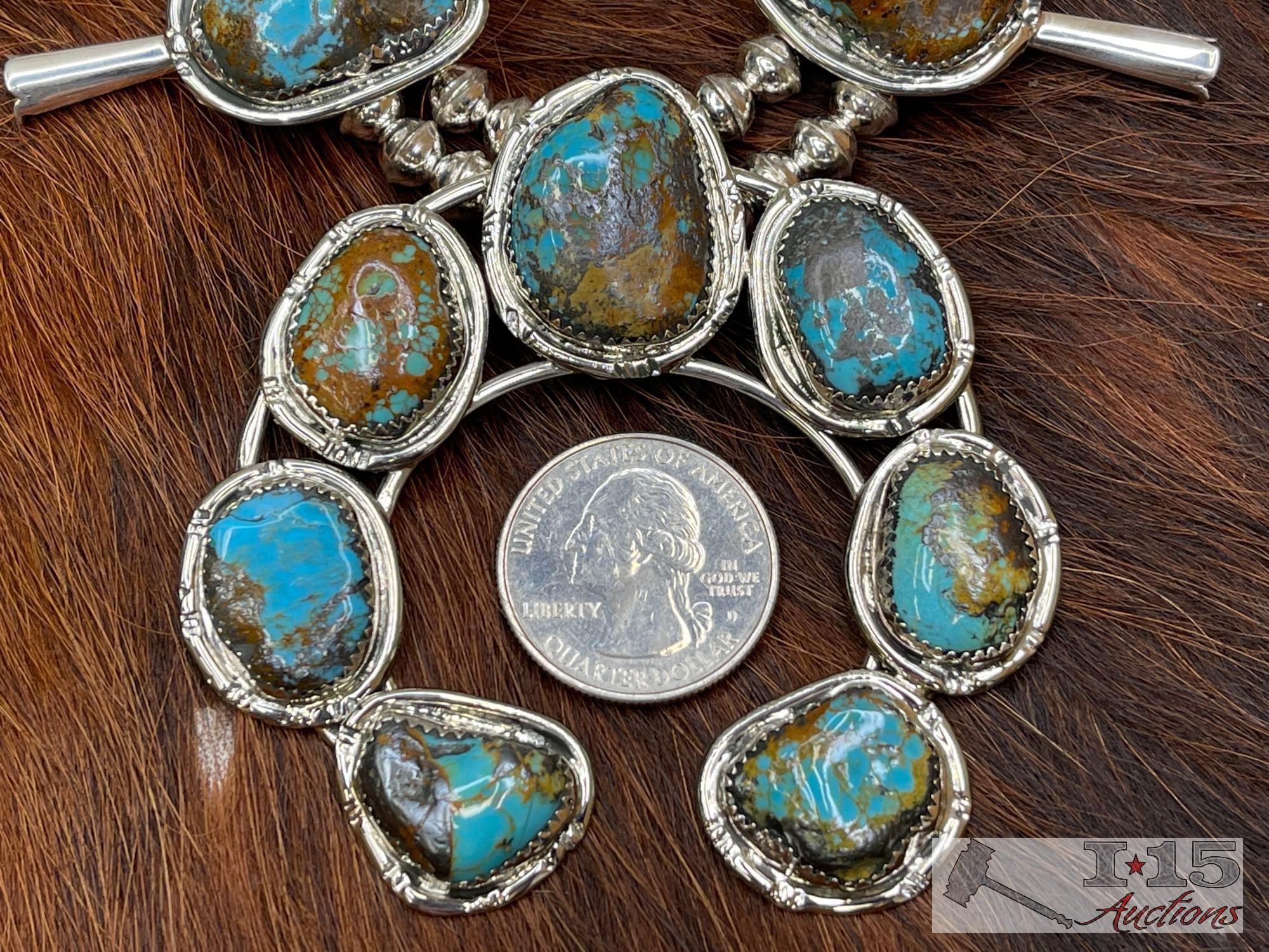 Native American Sterling Silver Turquoise Squash Blossom Set,126g