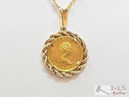 14K Gold Chain with Fine Gold 1/10oz Canadian Maple Leaf Coin Pendant, 6.45g