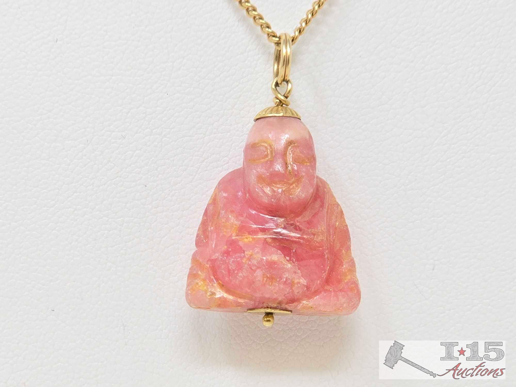 14K Gold Chain with Jade Carved Buddah Stone, 16.45g
