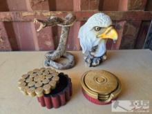 Shotgun Shell Coasters, Trinket Box, Rattle Snake & Eagle Head Statues