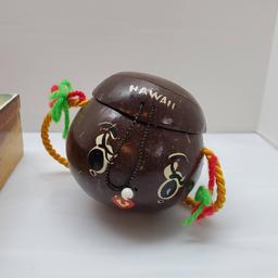 Wooden Box of Key Rings and Hand Painted Souvenir Coconut from Hawaii