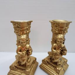 Pair of Gold Tone Candle Holders with Cherubim