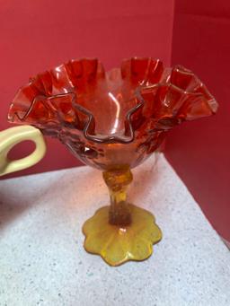 Amber and amberina ruffled glass vases imperial candy dish art glass bowl and Hull pottery