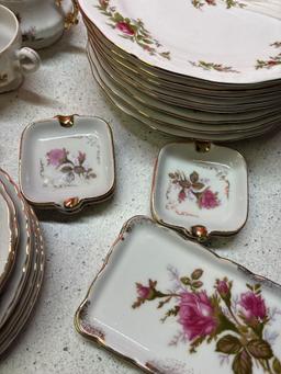 large lot of porcelain dishes serving pieces ashtrays etc. rose themed