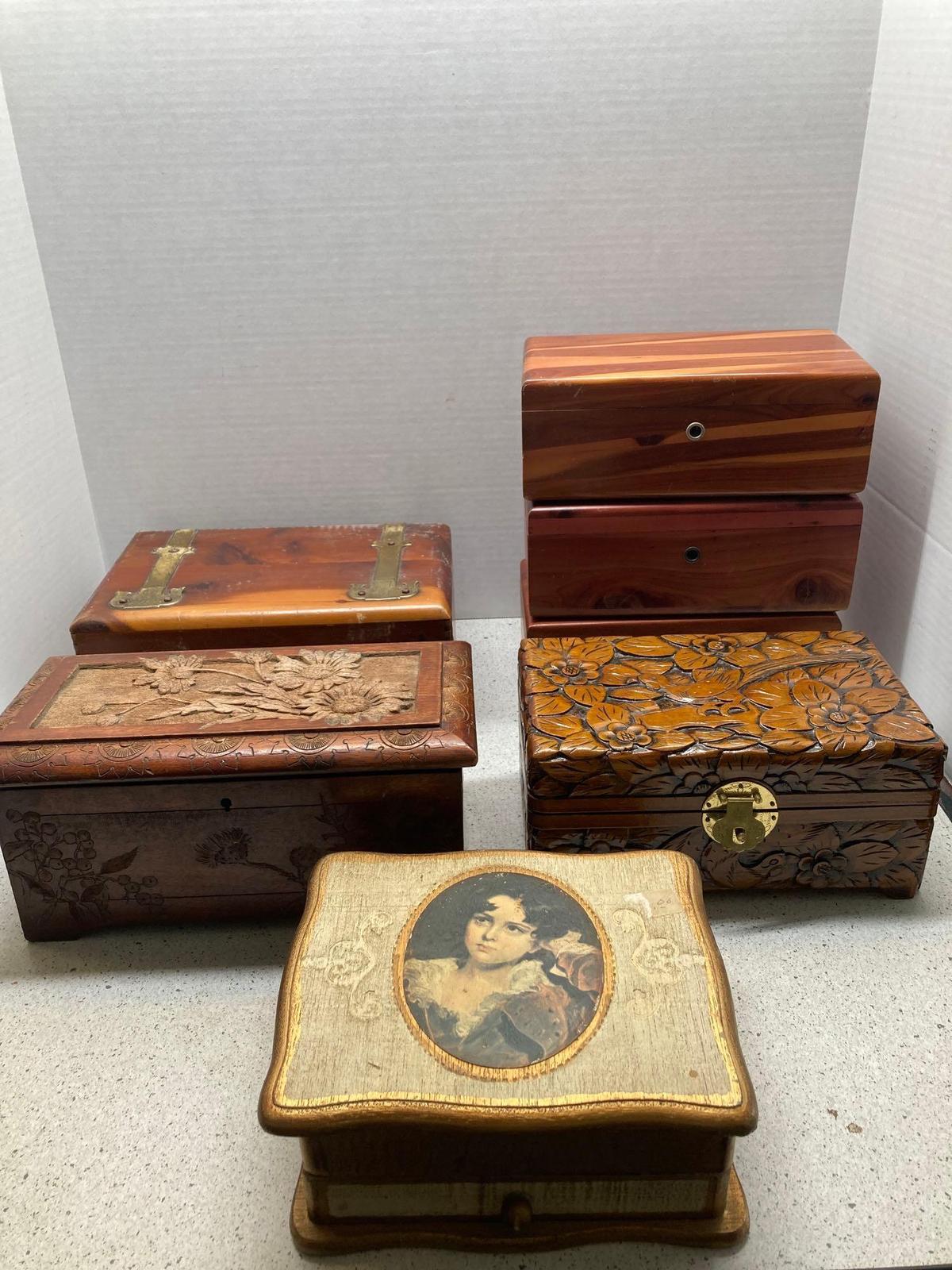 7 jewelry boxes, 6 wood and one Florentine