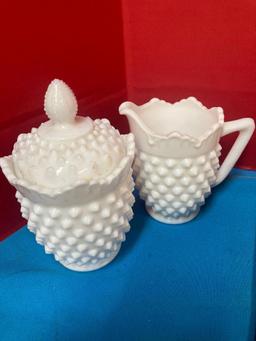 Fenton milk glass salt and pepper, compote, sugar and creamer, cups