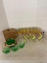 Vintage green glass snacker set in original box, Also vintage drinking glasses mid century Santa