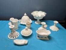 Fenton silver crest milk glass covered dishes candlesticks