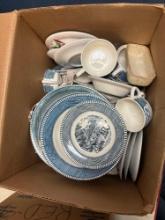 box of Currier and Ives dishes Stangle pottery Bluebridge pottery etc.