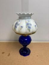 hand painted melon blue floral lampshade on cobalt base oil lamp