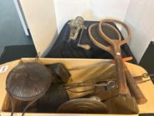vintage meat grinder, antique rackets and metal fire cooking equipment and primitive shredders